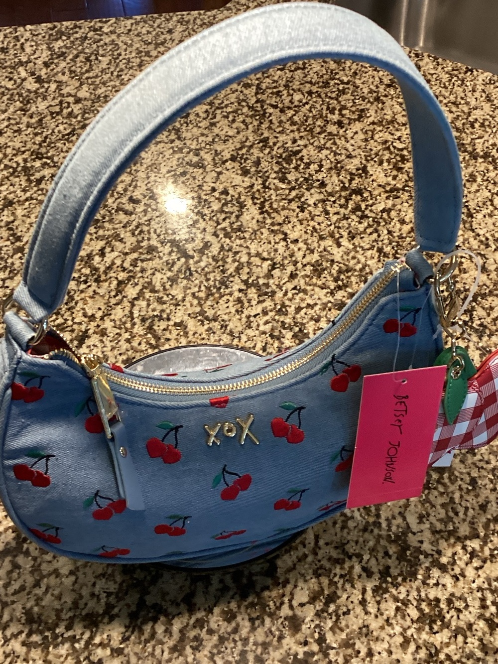 Betsey Johnson Light Blue Denim Cherry Embroidered Mini Shoulder Bag